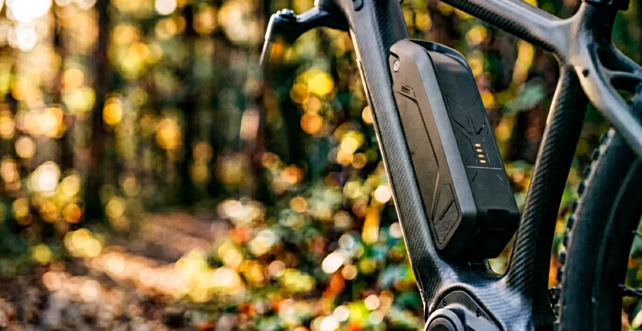 Batterie de vélo électrique intégrée au cadre avec indicateur de charge en environnement naturel