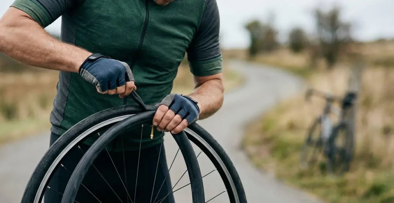 Cycliste changeant une chambre à air de vélo sur le bord de la route