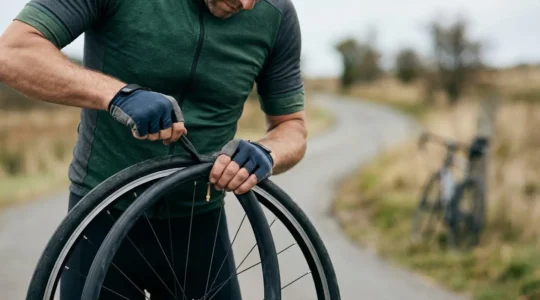 Cycliste changeant une chambre à air de vélo sur le bord de la route