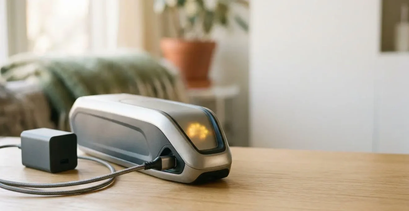 Batterie de vélo électrique avec chargeur rapide en charge dans un environnement domestique apaisant