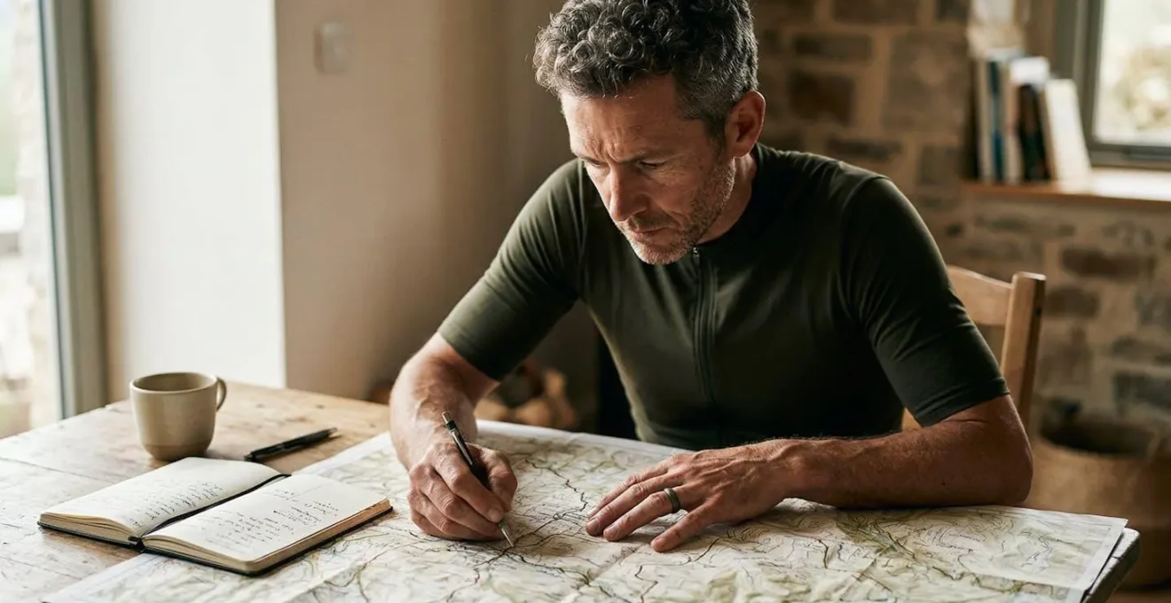 Cycliste analysant son parcours d'entraînement et planifiant ses objectifs de saison