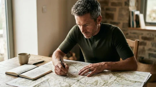 Cycliste analysant son parcours d'entraînement et planifiant ses objectifs de saison