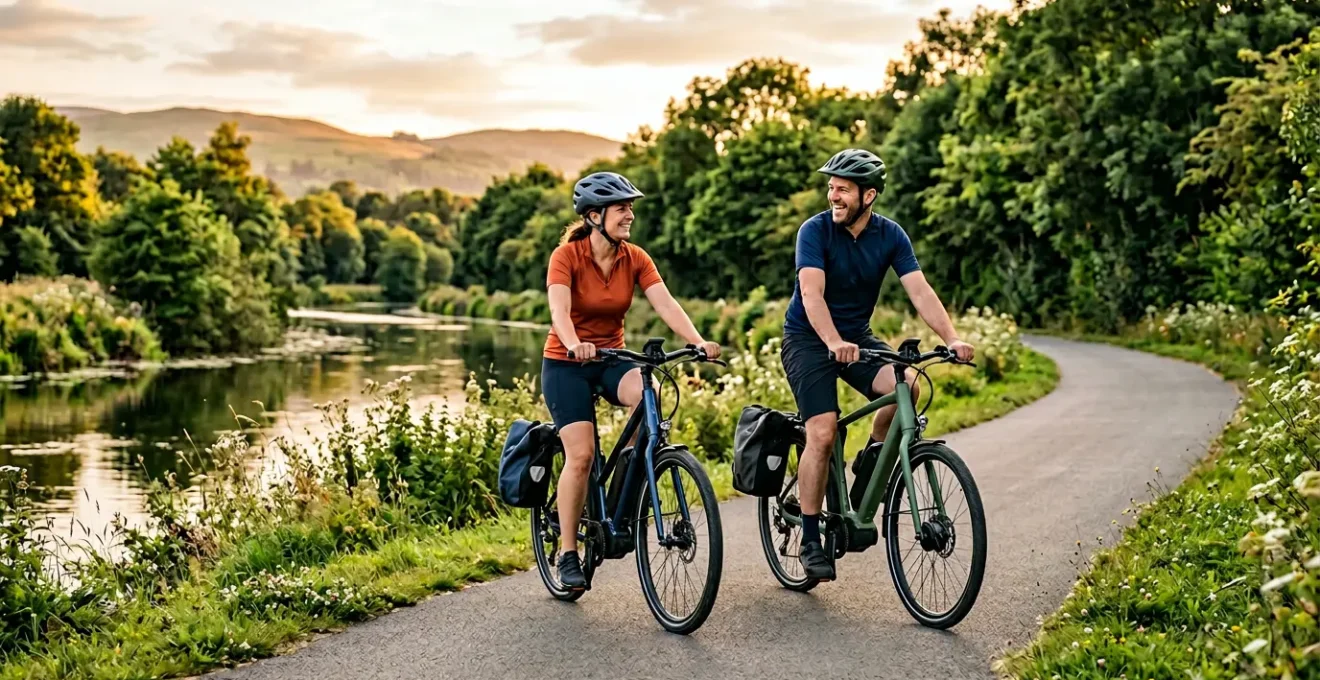 Couple faisant du vélo électrique sur un chemin de cyclotourisme bordé de nature