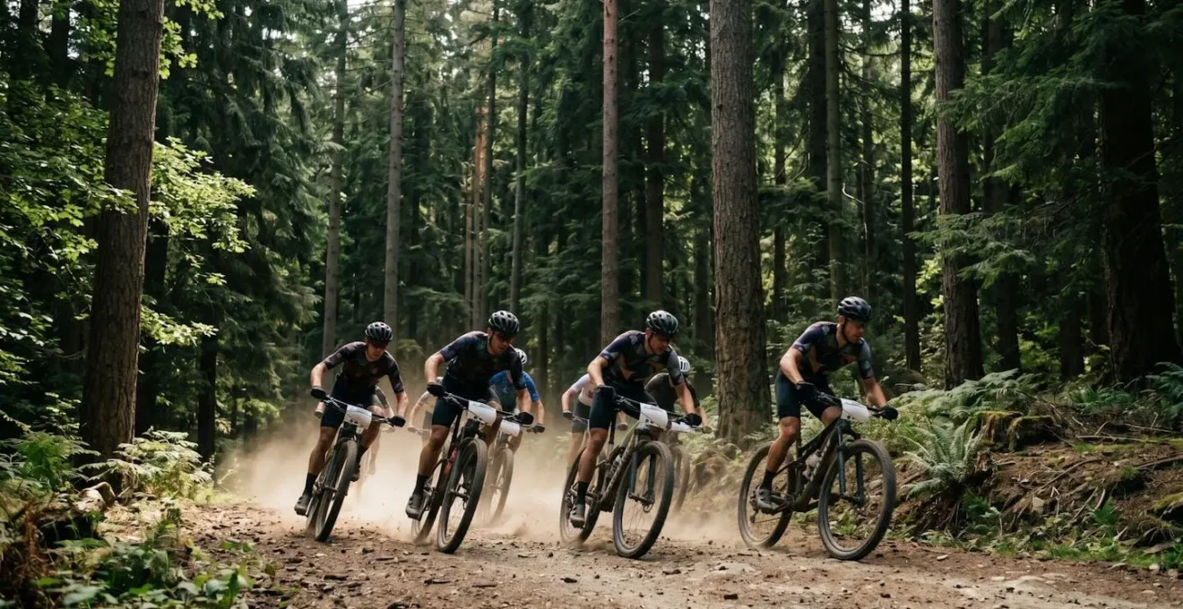 Groupe de cyclistes VTT au départ explosif d'une course de cross-country en forêt