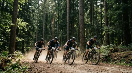 Groupe de cyclistes VTT au départ explosif d'une course de cross-country en forêt