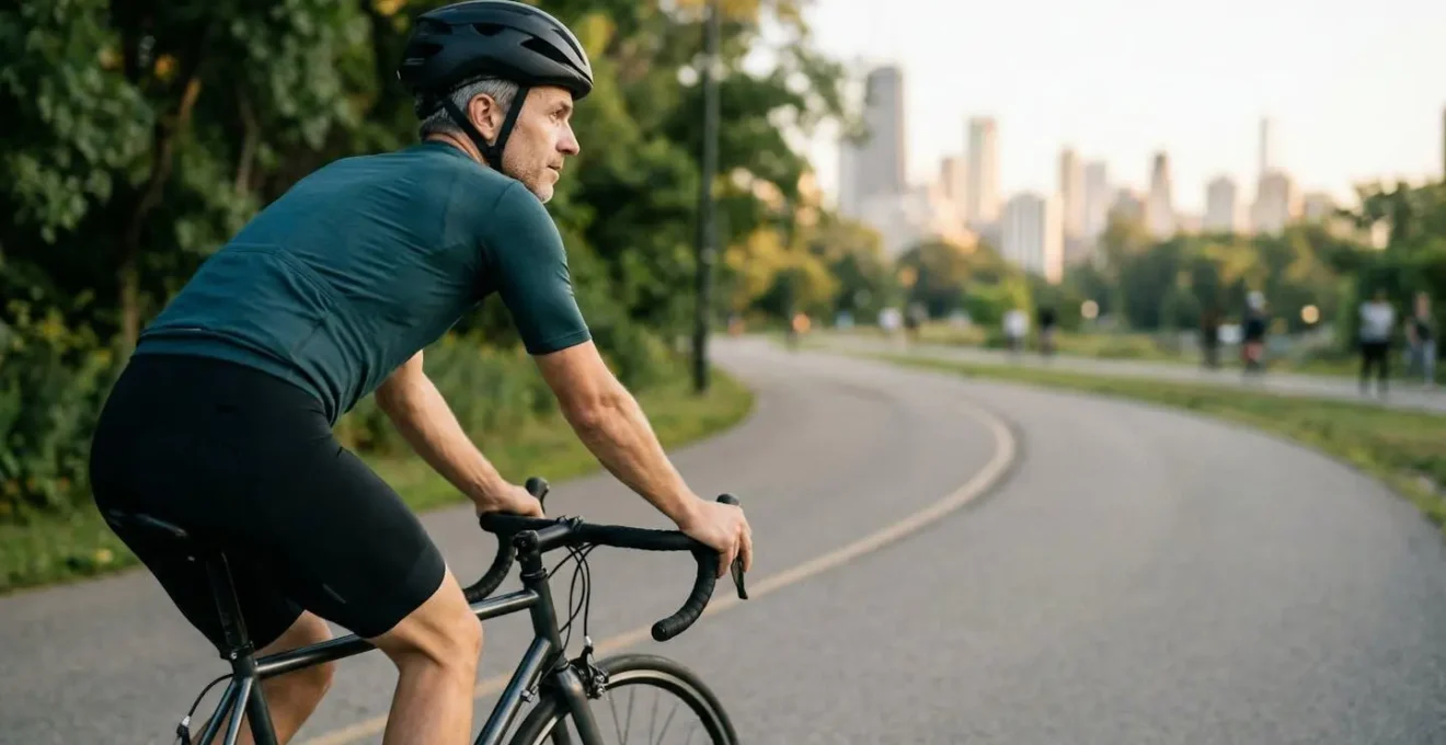 Cycliste de 40 ans en pleine vitalité sur parcours urbain verdoyant