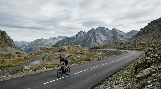 Cycliste approchant du sommet mythique du Col du Tourmalet dans les Pyrénées