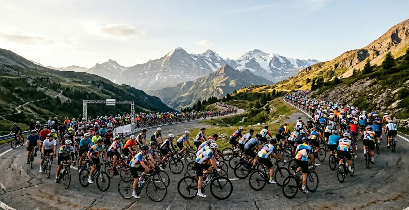 Cycliste amateur au départ d'une cyclosportive avec des centaines de participants en montagne