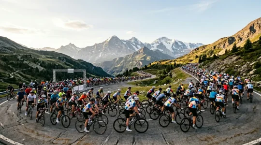Cycliste amateur au départ d'une cyclosportive avec des centaines de participants en montagne