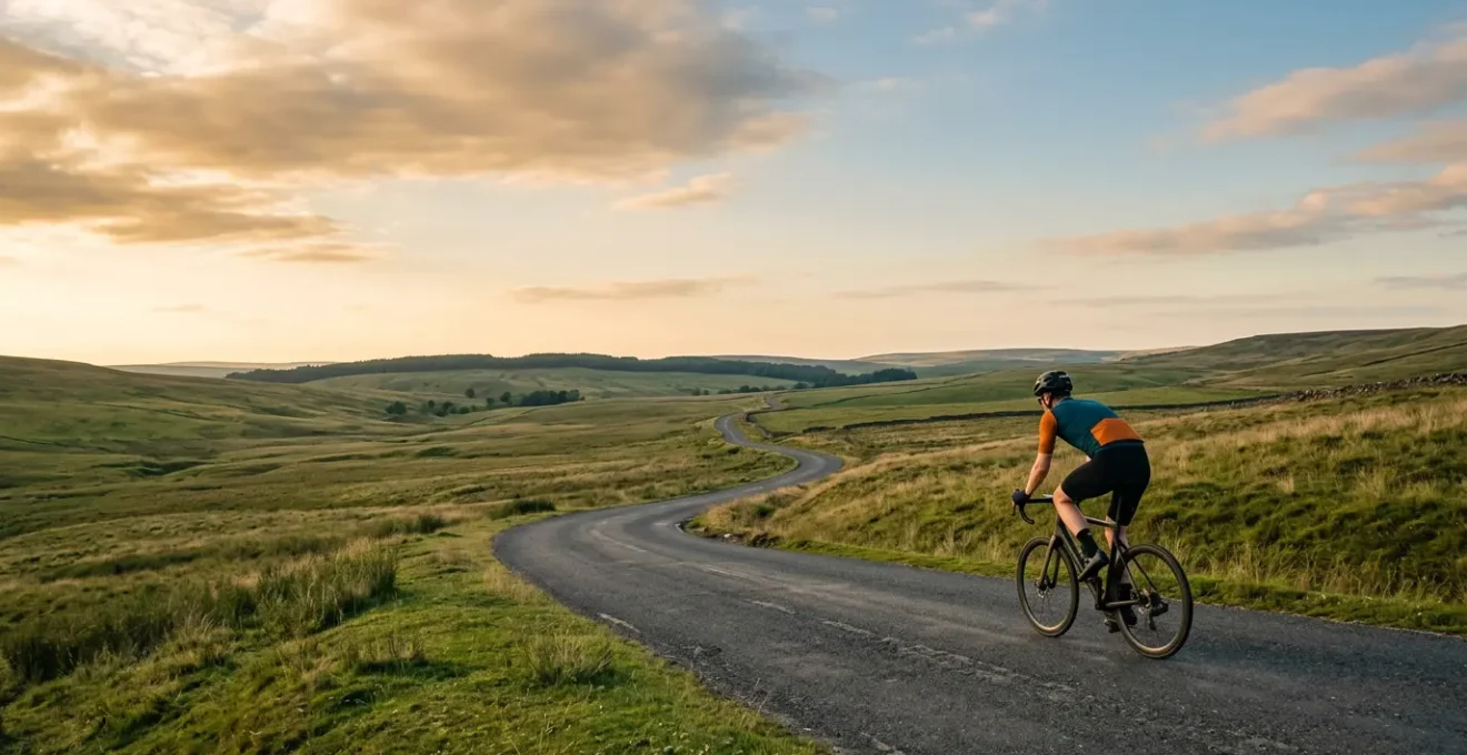 Cycliste pédalant sur une route de campagne lors d'une longue sortie vélo de 100 km