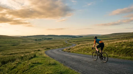 Cycliste pédalant sur une route de campagne lors d'une longue sortie vélo de 100 km