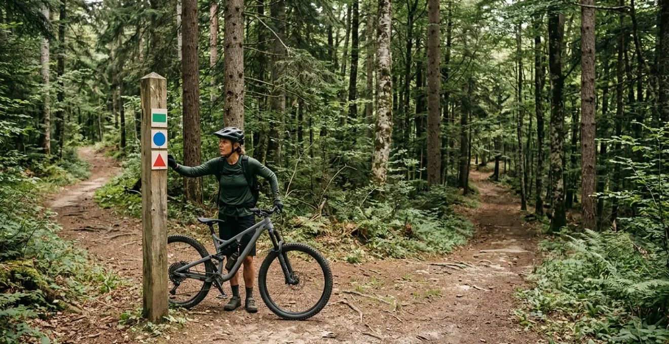 Cycliste observant attentivement un panneau de balisage au croisement de sentiers forestiers