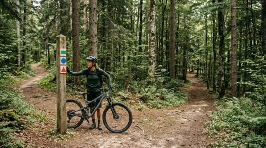 Cycliste observant attentivement un panneau de balisage au croisement de sentiers forestiers