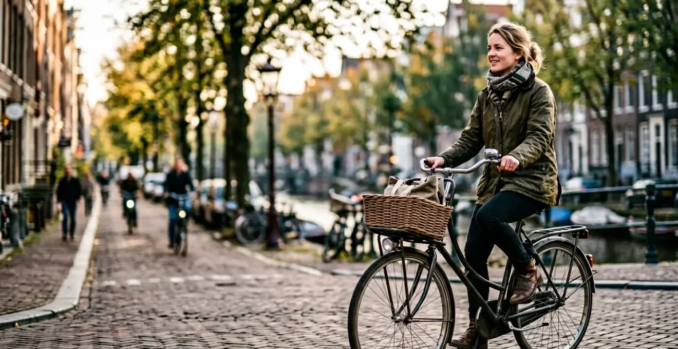 Cycliste en position assise droite sur vélo hollandais avec vue panoramique dégagée en environnement urbain
