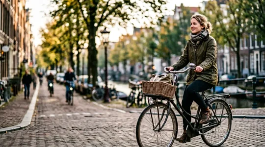 Cycliste en position assise droite sur vélo hollandais avec vue panoramique dégagée en environnement urbain