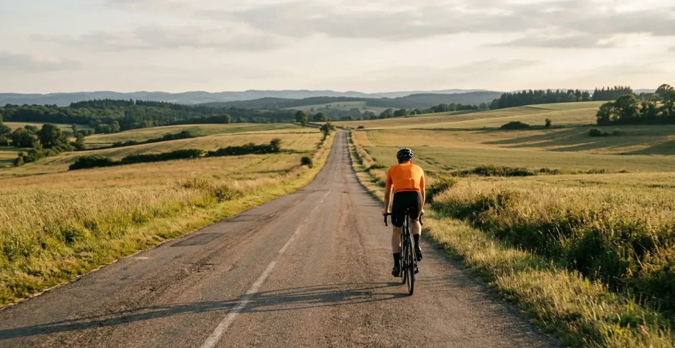 Cycliste sur route départementale traversant la campagne en toute sécurité