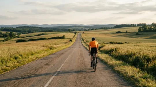 Cycliste sur route départementale traversant la campagne en toute sécurité