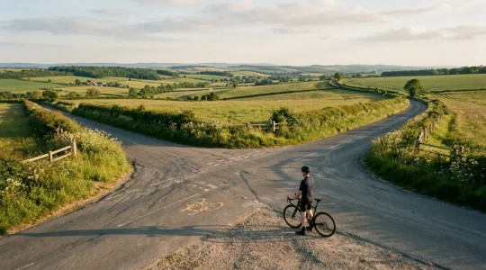 Cycliste consultant une carte topographique à un croisement rural sécurisé