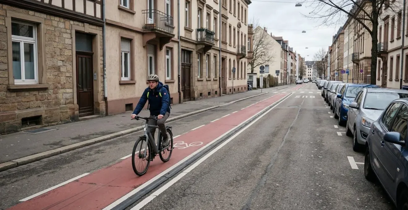 Cycliste urbain roulant sur piste cyclable en maintenant une distance de sécurité avec les voitures stationnées