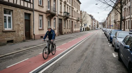 Cycliste urbain roulant sur piste cyclable en maintenant une distance de sécurité avec les voitures stationnées