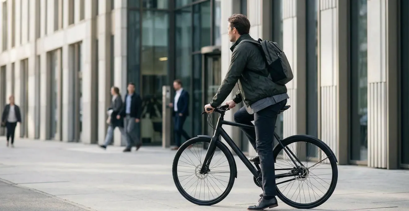 Cycliste urbain arrivant serein au bureau après son trajet domicile-travail