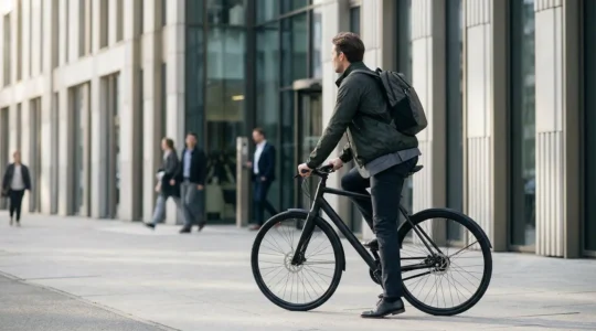 Cycliste urbain arrivant serein au bureau après son trajet domicile-travail