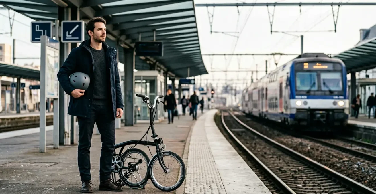 Cycliste en tenue urbaine avec son vélo sur un quai de gare en France, combinant vélo et transports en commun