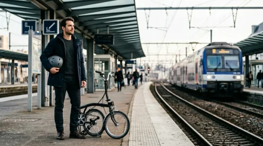 Cycliste en tenue urbaine avec son vélo sur un quai de gare en France, combinant vélo et transports en commun