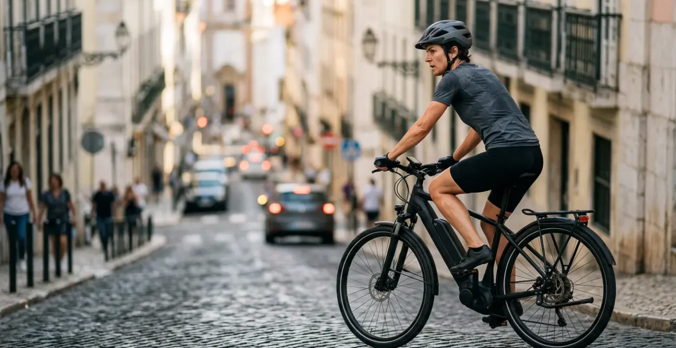 Cycliste en plein effort sur un vélo à assistance électrique en montée urbaine