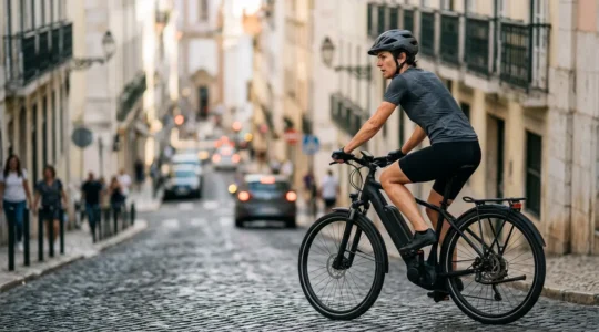 Cycliste en plein effort sur un vélo à assistance électrique en montée urbaine