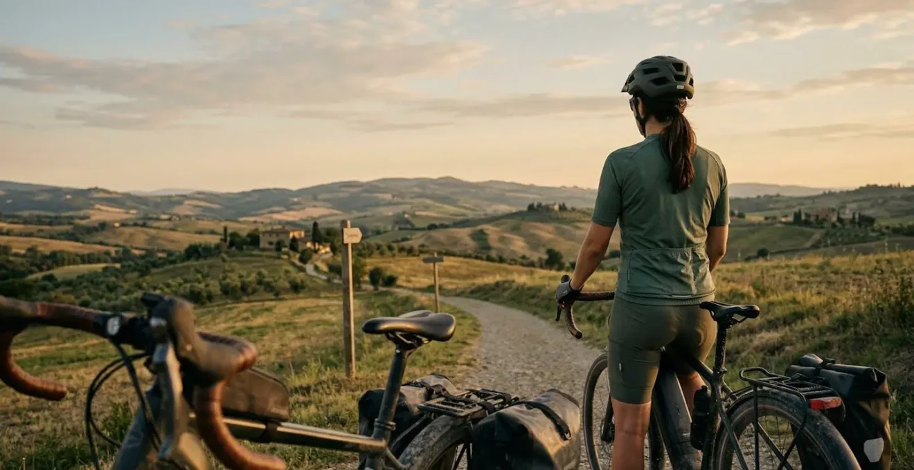 Cycliste planifiant un itinéraire de vacances à vélo électrique avec consultation de carte sur fond de paysage naturel