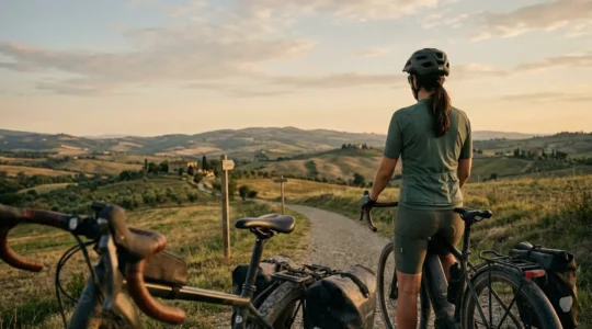 Cycliste planifiant un itinéraire de vacances à vélo électrique avec consultation de carte sur fond de paysage naturel