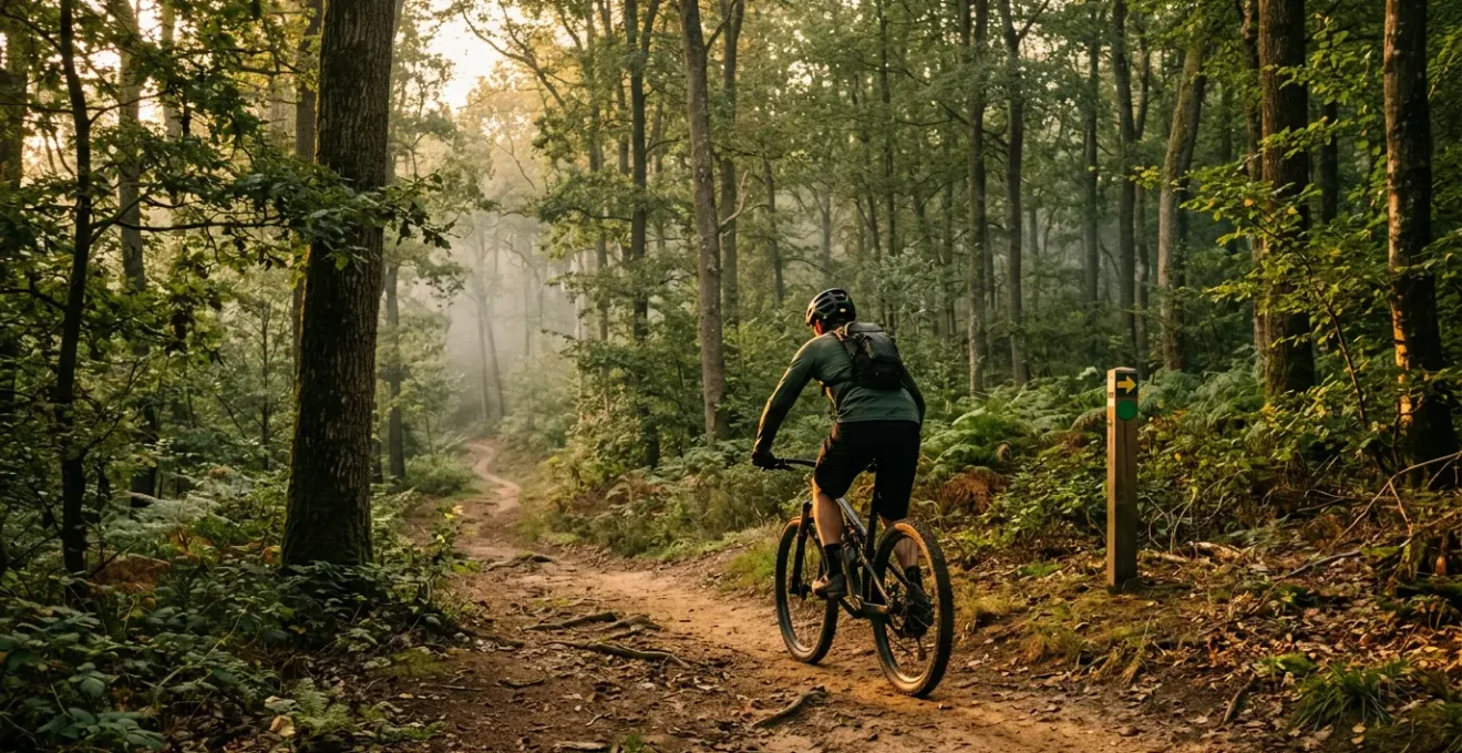 Cycliste en VTT sur un sentier forestier balisé respectant la réglementation