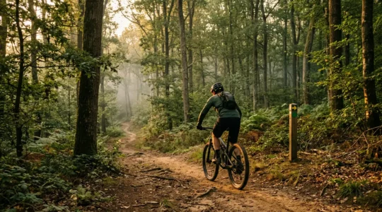 Cycliste en VTT sur un sentier forestier balisé respectant la réglementation