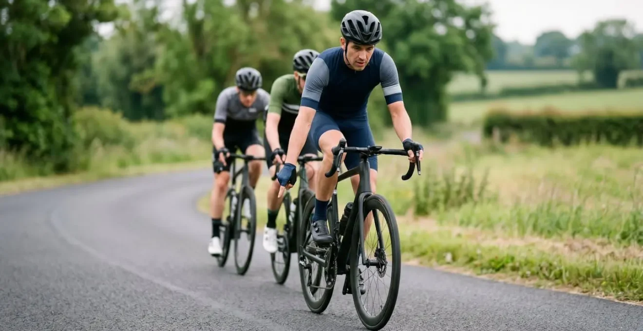 Cyclistes en groupe communiquant par des signaux de la main sur une route