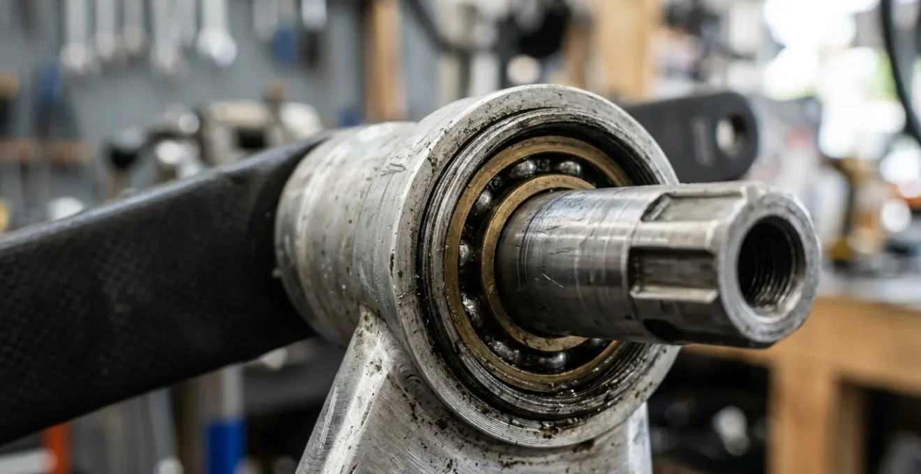 Gros plan sur un mécanisme de pédalier de vélo révélant des détails techniques précis