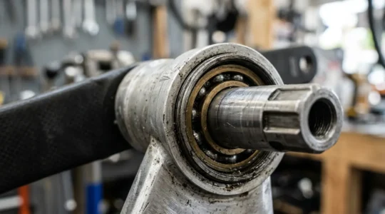 Gros plan sur un mécanisme de pédalier de vélo révélant des détails techniques précis