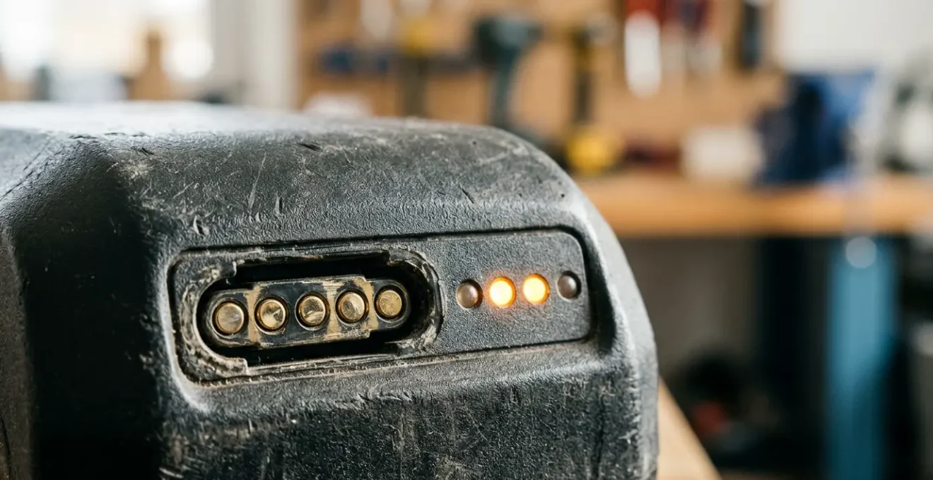 Batterie de vélo électrique en gros plan avec connecteurs et indicateurs LED de charge