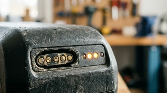 Batterie de vélo électrique en gros plan avec connecteurs et indicateurs LED de charge