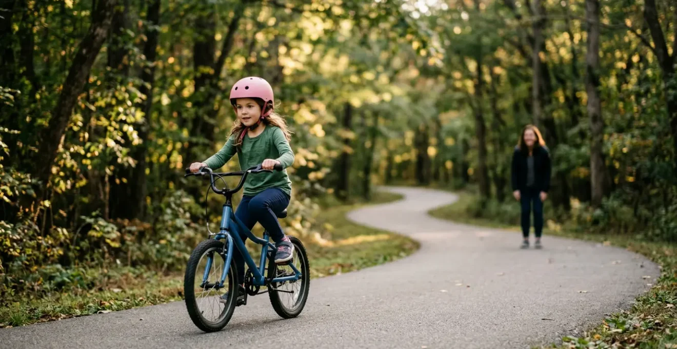 Enfant apprenant à faire du vélo sur une voie verte sécurisée avec ses parents