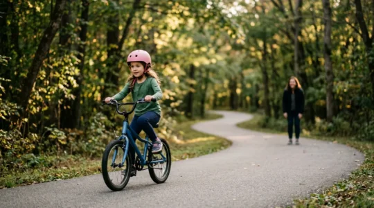 Enfant apprenant à faire du vélo sur une voie verte sécurisée avec ses parents