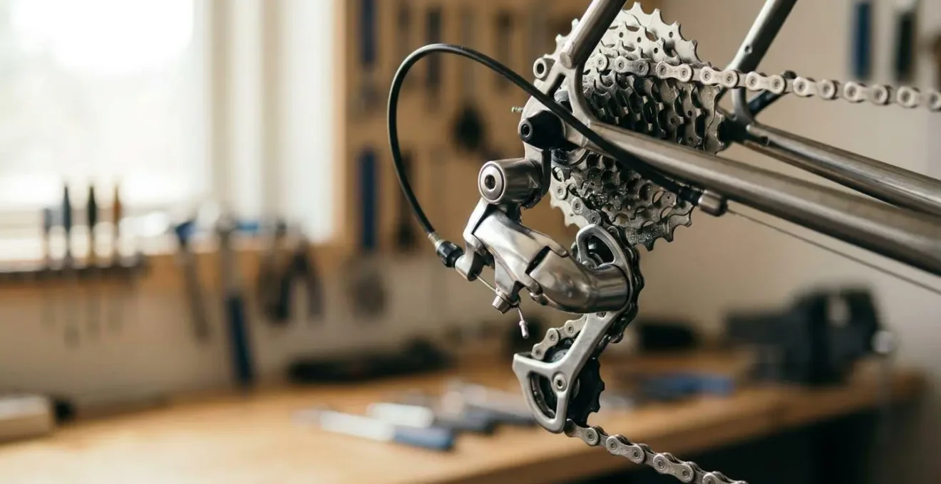 Transmission de vélo avec chaîne parfaitement lubrifiée sur cassette et plateau, détails mécaniques précis