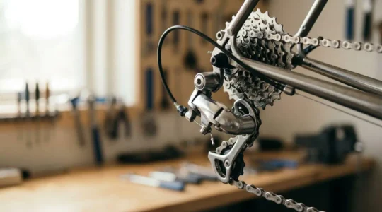 Transmission de vélo avec chaîne parfaitement lubrifiée sur cassette et plateau, détails mécaniques précis