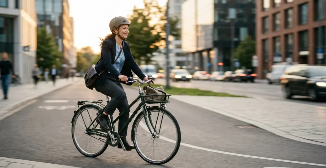 Cycliste urbain en trajet domicile-travail avec equipement professionnel dans environnement urbain moderne