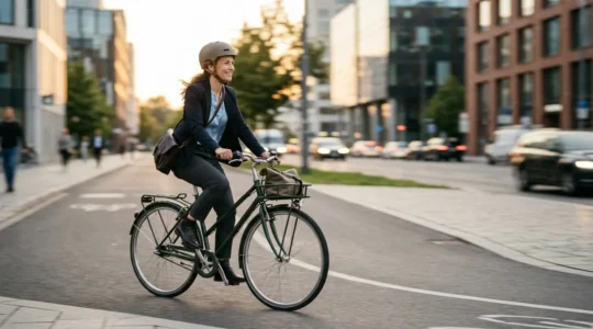 Cycliste urbain en trajet domicile-travail avec equipement professionnel dans environnement urbain moderne
