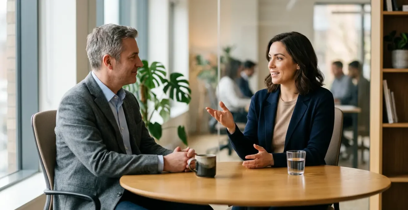 Professionnel discutant avec son employeur dans un environnement de bureau moderne