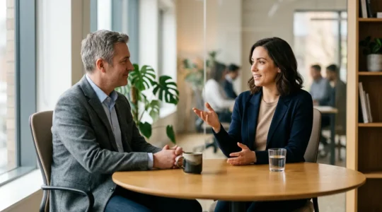 Professionnel discutant avec son employeur dans un environnement de bureau moderne
