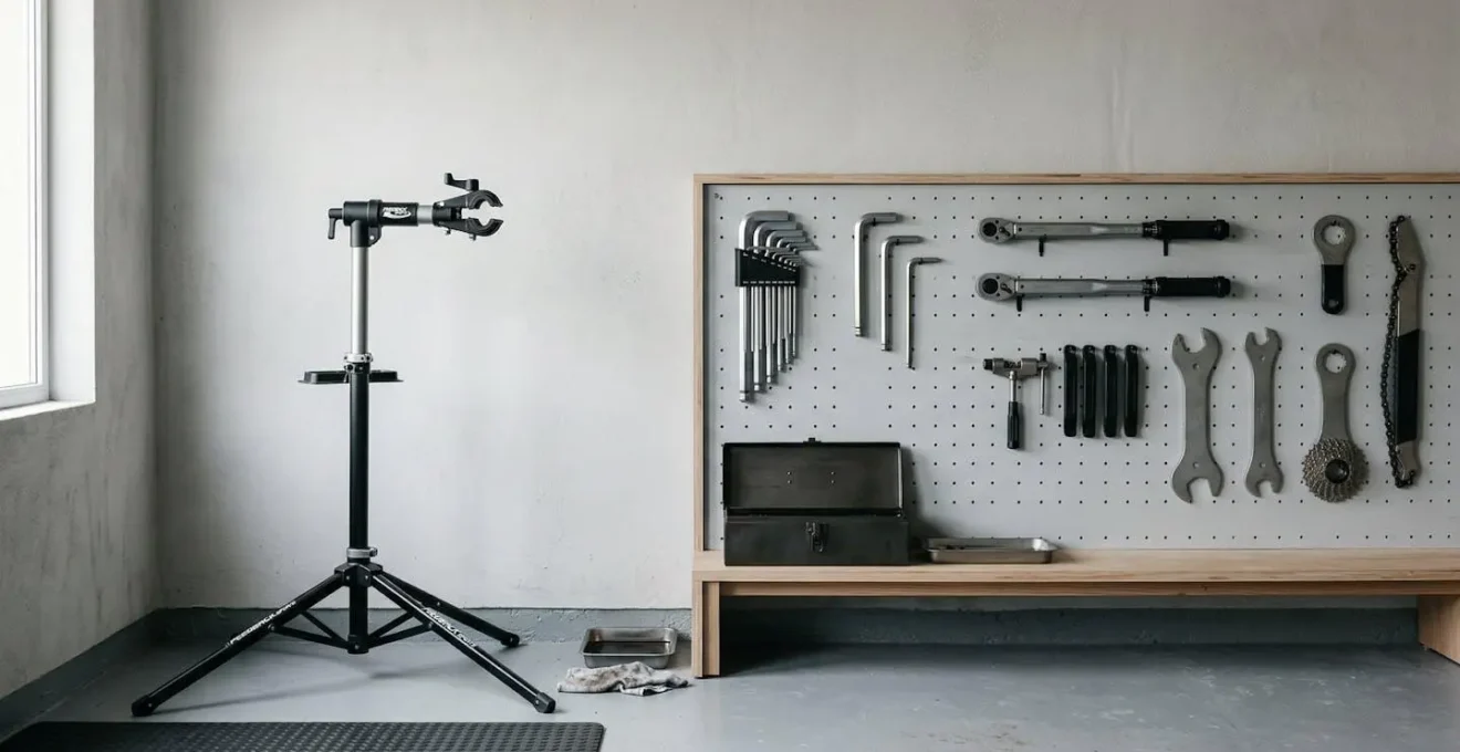 Atelier domestique de réparation vélo avec outils professionnels organisés