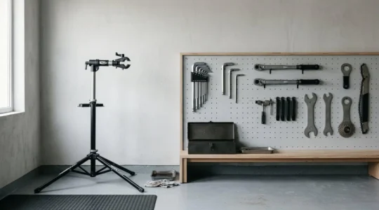 Atelier domestique de réparation vélo avec outils professionnels organisés