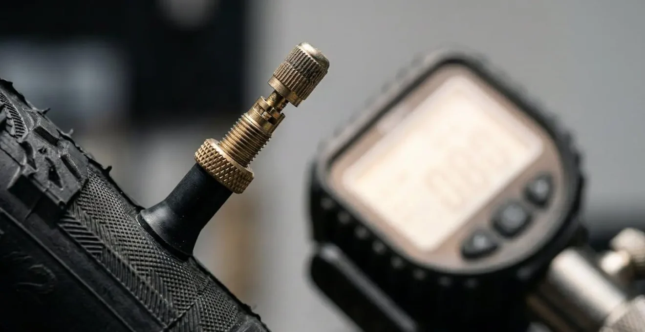 Détail d'une valve de vélo et d'un manomètre de précision en gros plan